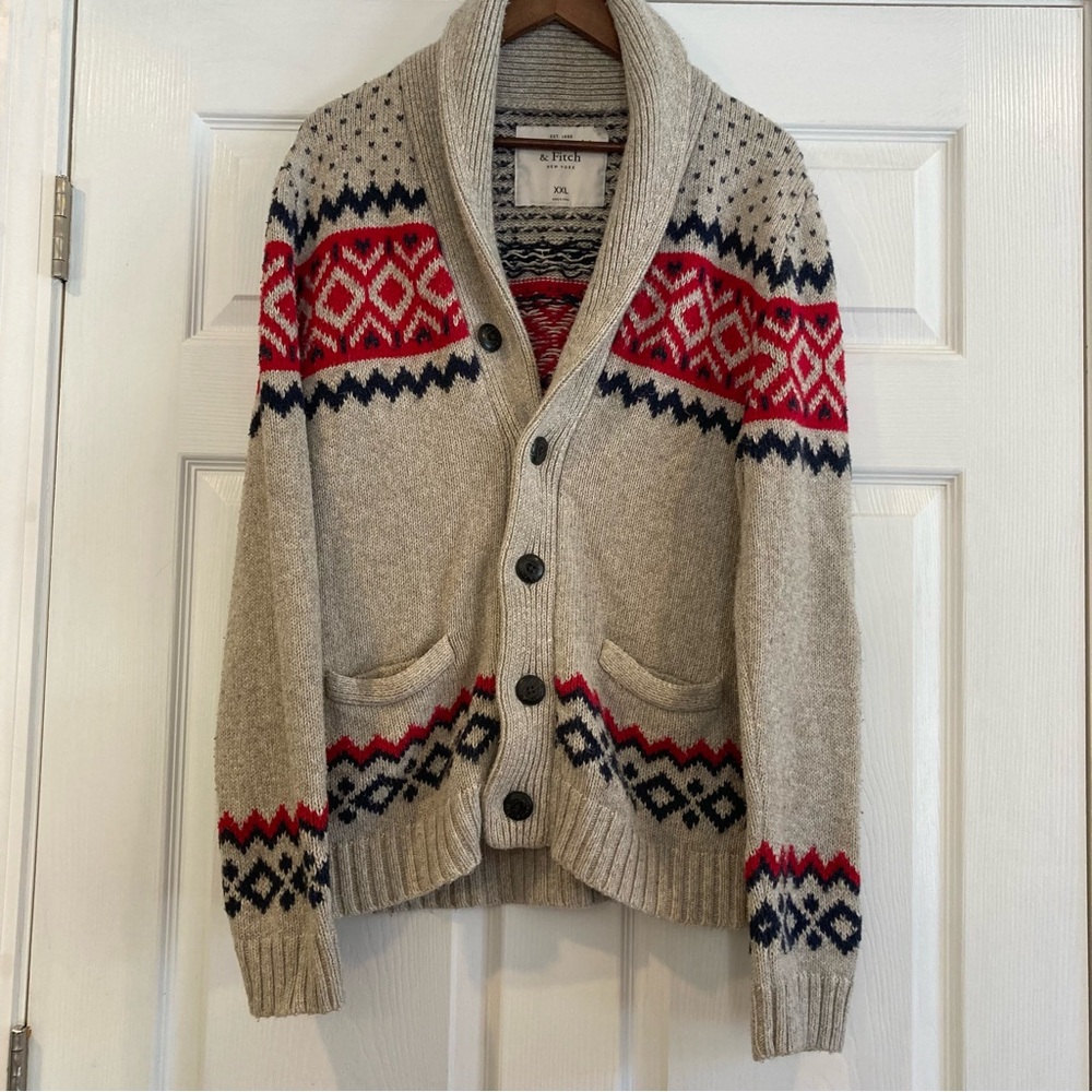 Abercrombie & Fitch Tan Cardigan with Red and Black Design